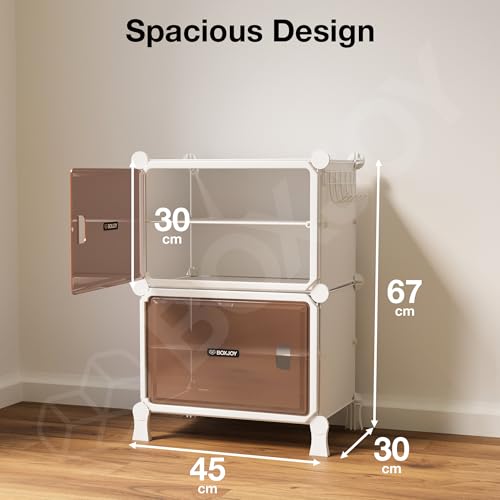 Image of BOXJOY 4 Shelf White Shoe Rack with 2 Brown Doors, Magnets and 5 Hook Steel Holder for Home Storage Box Organizer, Hard PET Plastic with Metal Door Frame, Shoe Chappal Slipper Sandals Stand