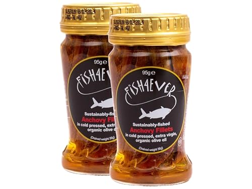 Fish 4 Ever - Anchovy Fillets in Organic Extra Virgin Olive Oil - Sustainably Fished. Jar Canned Food Rich in Omega-3, Great with Bread, Pasta and Salad 95g (Pack of 2)