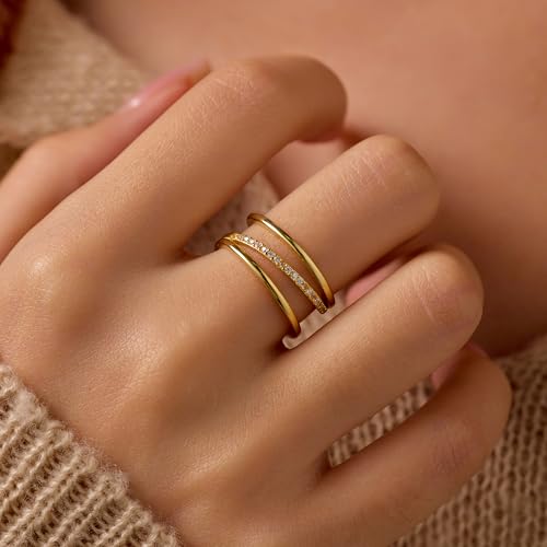 Dainty 14K Gold Plated Stackable Rings for Women Non Tarnish 925 Sterling Silver 3 Layered Cubic Zirconia Ring Open Adjustable Rings Trendy Eternity Engagement Band Ring Christmas Wedding Jewelry Gift2