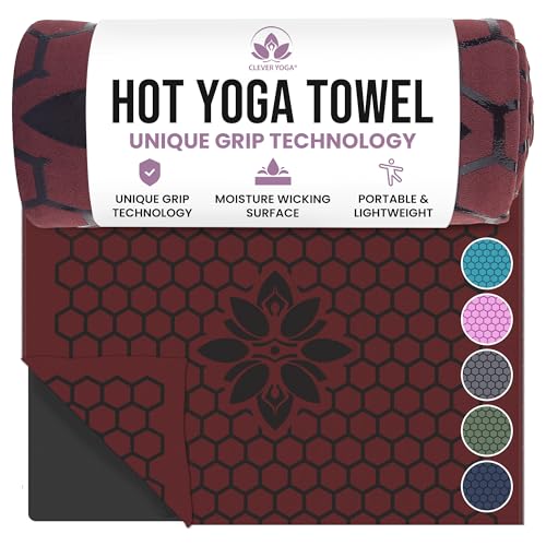 Clever Yoga Hot Yoga Mat Towel – Non-Slip Grip for Hot Yoga, Sweat Absorbent, Honeycomb Silicone Grip, Stays Flat – Ideal for Pilates, Travel, Washable & Lightweight - Burgundy