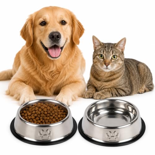 Kit 2 Tigelas Inox para Pet 450ml I Comedouro e Bebedouro Antiderrapante I Pote para Ração e Água I Cachorro e Gato - Médio I Lene