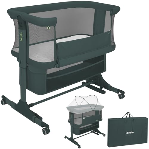 lionelo Jodie 3 en 1 Lit bébé jusqu'à 9 kg Cododo, Berceau Réglage de la Hauteur et de l’Inclinaison du Matelas 4 roulettes avec Freins Matelas Ergonomique, Fonction Bascule, Moustiquaire