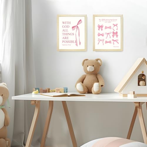 Image of LARTSFRO Coquette Pink Bow Wall Art Decor Posters, Pink Bow Room Bedroom Bathroom Dorm Wall Art Decor Aesthetic for College Teen Girls Gifts, Inspirational Bible Verses Bow Wall Decor, 10x8 Inch Set of 4 Pcs Bow Pictures (WOOD-GRAIN FRAMED)