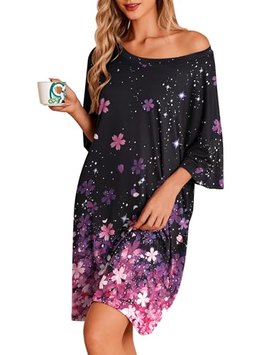 Image of Ekouaer Plus Size Nightgowns for Women Oversized Sleep Shirt Short Sleeve Nightshirt T-Shirt Dress Sleepwear, Black Sakura, Large