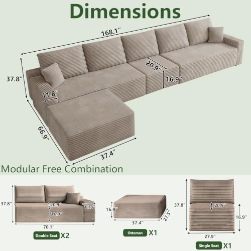 Image of Oversized Modular Sectional Sofa Couch, Large 6 Seater Corner Sofa Modern L Shaped Sectional Couch with Ottoman Cloud Couches for Living Room, Office, Spacious Space, Corduroy, No Assembly, Camel