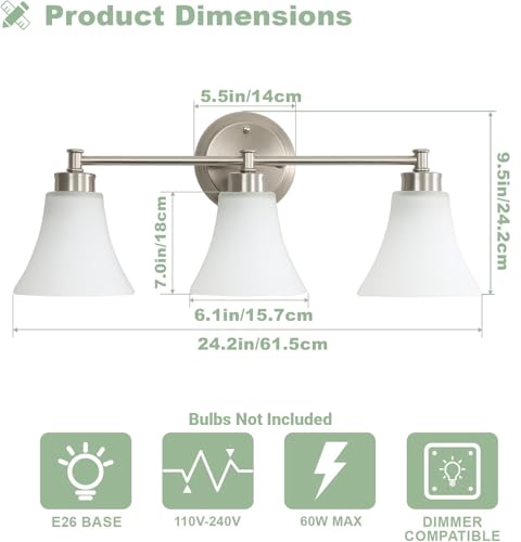 Image of LOUSACE 3 Light Bathroom Vanity Light Vintage Brushed Nickel Bathroom Lighting Fixtures Over Mirror, Traditional Wall Sconce Lighting with Opal Glass Shade, Nickel Vanity Lighting Fixture