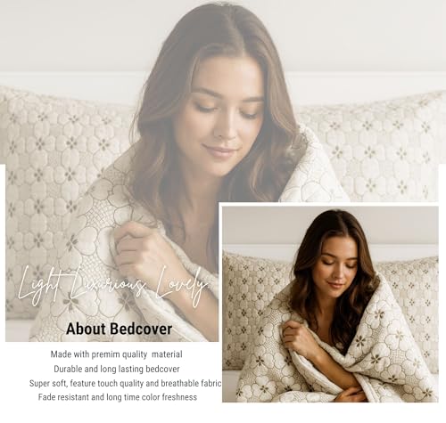 Image of VAS COLLECTIONS 100% Cotton Quilted Bedcover Set, 280 TC Soft & Lightweight King Size (90x100 in / 228x254 cm), Coverlet with 2 Pillow Covers (Creamy Beige)