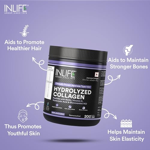 Image of INLIFE Japanese Hydrolyzed Collagen Peptides Powder Clinically Proven Ingredient, Type 1 & 3, for Men & Women (Unflavoured, Collagen, 200g)
