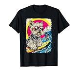 Divertido perro Yorkshire Terrier surfing con diseño de gafas de sol. Perro surfista montando olas del océano y puesta de sol vibrante para amantes de las olas del mar y fanáticos de la vida en la playa que aman la cultura del surf. Divertido arte de perros para los amantes de la playa con un estilo retro surfista de los años 90.