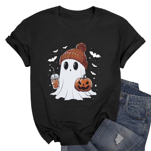 Halloween Shirts for Women Cute Ghost Shirt Fall Pumpkin Tshirt Coffee Lover Graphic Tees Casual Short Sleeve Tops