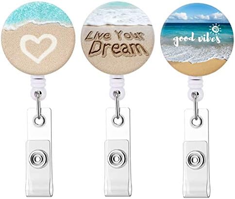 Badge Reel Retractable ID Badge Holder Beach Badge Reels with Alligator Clip on ID Card Holders (3 Pack Love Heart & Live Your Dream & Good Vibes)