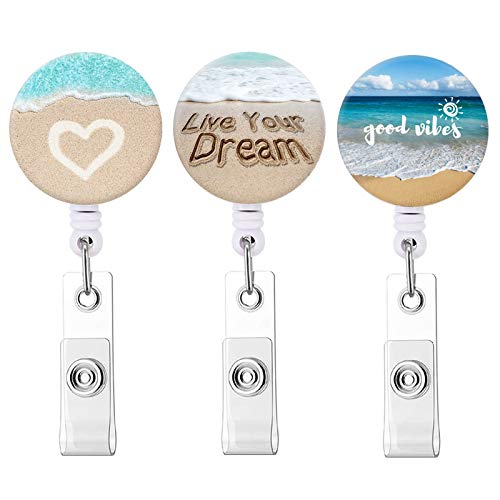 Badge Reel Retractable Id Badge Holder Beach Badge Reels With Alligator Clip On Id Card Holders (3 Pack Love Heart & Live Your Dream & Good Vibes) #TOP29