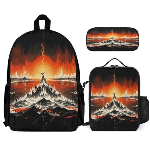 3-in-1 Backpack Combination Set Disaster Theme Print 3Pcs Backpack Sets Travel Daypack with Lunch Bag And Cosmetic Bag