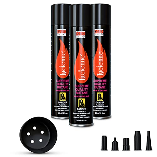 Lucienne Ultra-Refined Butane Fuel - Pure-Butane Refill Fluid for Torch with Nozzle Adapter - 5 Plastic Tips to Prevent Leakage - Sulfur-Free Lighter Gas Refill for A Efficient Burn (300 ml, 3 Pack)