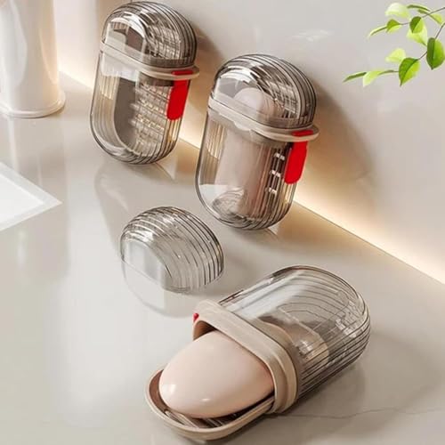 Image of Wall Mounted Soap Box with Flip Cover and Drain Tray | Detachable Inner Support | Adhesive Sticker Installation | ABS Soap Holder for Bathroom (1 pcs Transparent Soap Dish Box)