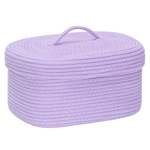 Sea Team Oval Storage Basket, Woven Cotton Rope Basket with Lid, Lavender