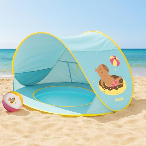 Chillife Strandmuschel Pop up Set I Tragbares Strandzelt mit UV Schutz und Windschutz Strand I Wasserball, Integrierter Sandkasten, Pool I Aufbewahrungstaschen, Reißverschluss Fenster für 2 Personen