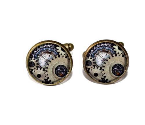 Steampunk Style Gears Mechanical IMAGE ONLY - Handmade ROUND Glass Metal Cuff LInks Cufflinks Gift for Him Dad (Antique Bronze)