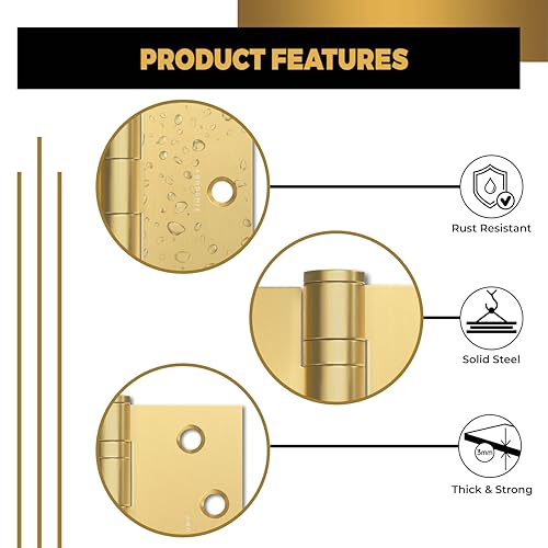 Finsbury Hardware Door Hinge Ball Bearing 3.5 x 3.5 Inches Solid 304 Steel Durable Heavy Duty Machined NRP Architectural Grade Mortise Hinges - Set of 2 Matte Gold Door Hinges (Matte Gold) by FINSBURY HARDWARE - Image 3