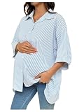 MakeMeChic Women's Maternity Blouses Striped Half Sleeve Oversized Pregnancy Casual Button Down Shirt Blue X-Large