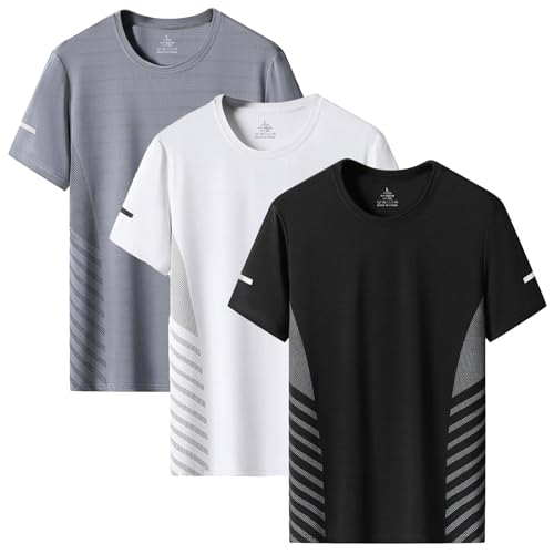 3 Pack Mens T-Shirts Quick Dry Sport Tops Breathable Moisture Wicking Athletic Gym Tshirts Crew Neck Running Workout Shirts (UK, Alpha, 3XL, Regular, Regular, Black+White+Grey)
