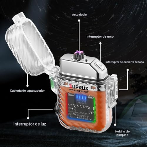 Miniatura 2 de SUPRUS Encendedor luminoso, 3 modos de linterna, resistente al viento, impermeable, encendedor eléctrico, recargable de doble arco de plasma con silbato de emergencia y cable