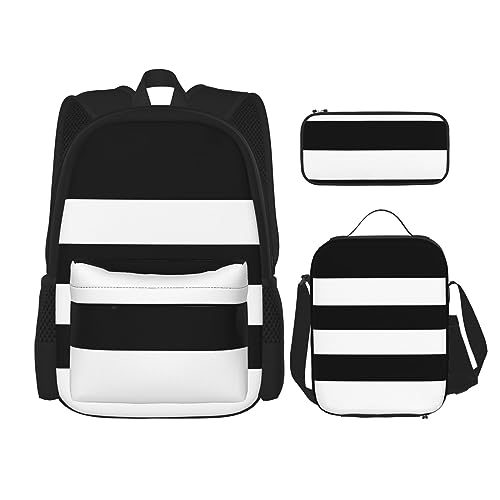 Sacs à livres 3 en 1 à rayures noires et blanches avec sac repas et trousse