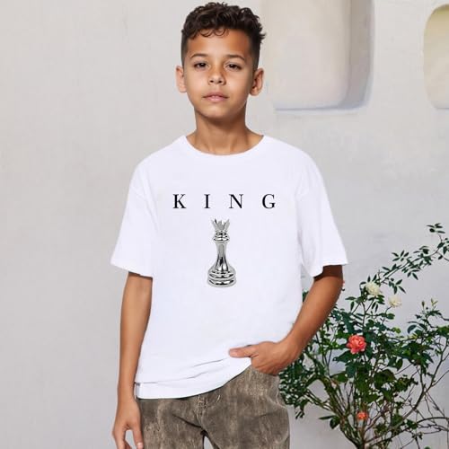 Image of Boys Graphic Tee King Chess Printed T-Shirt Kids Cool Designer Shirts Short Sleeve Shirt Clothes for Teen Boy Trendy