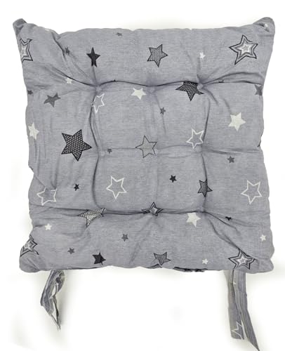 cushion mania Seat Pad – Padded Dining, Garden & Kitchen Chair Cushion with Tie-On Straps, Washable, Comfortable Stars & Stripes Design (Stars Silver, 1)