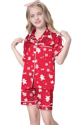 Image of Umeyda Women & Girls Pajamas Set, 2 Piece PJS Satin Silk Sleepwear Button-Down Top with Shorts for Mom Kids Gifts