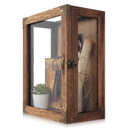 Shadow Box Display Case 11x14 Deep with Glass on 4 Sides, 6.2in Depth Wall Mounted Memory Box for Keepsakes, Wooden Display Case for Graduation Cap, Jersey, Wedding, Medals – Rustic Shadowbox Frame