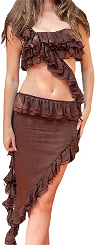 Tenue 2 pièces Y2K femme jupe volants cordon serrage maille M