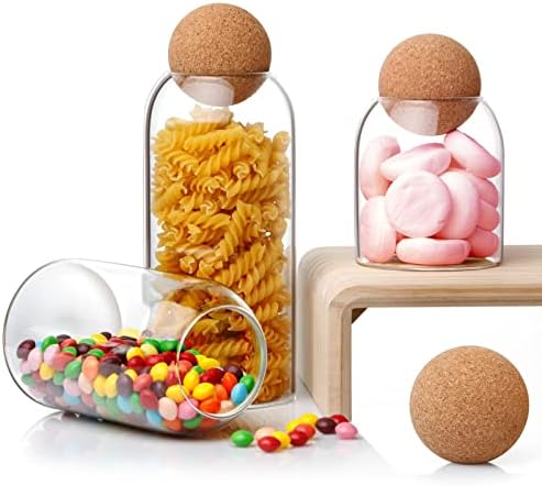 NUTRIUPS Storage Glass Jar with Ball Cork Lid, 3Pcs Glass Canisters with Cork Ball, Cute Decorative Round Glass Jars with Wood Ball Lid 500 ML/17Oz,800ML/27Oz,1200ML/41Oz