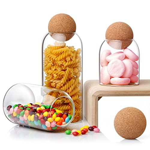 Nutriups Storage Glass Jar With Ball Cork Lid, 3Pcs Glass Canisters With Cork Ball, Cute Decorative Round Glass Jars With Wood Ball Lid 500 Ml/17Oz,800Ml/27Oz,1200Ml/41Oz #TOP3