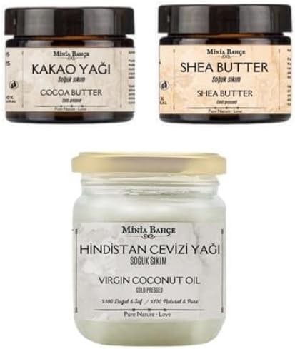 Minia Bahçe%100 Doğal Yağ Seti – Soğuk Sıkım Hindistan Cevizi Yağı, Shea Butter ve Kakao Yağı | 3'lü Bakım Seti | Nemlendirici, Çatlak Önleyici, Bebek ve Hamile Dostu, 250 ml