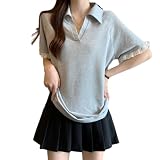 [POGCZMKK] 半袖ポロシャツ レディース V ネック レース切り替え 重ね着風 襟付き スポーツ polo シャツ 無地 着痩せ おしゃれ 可爱い ファッション カジュアル 通勤 春 夏服