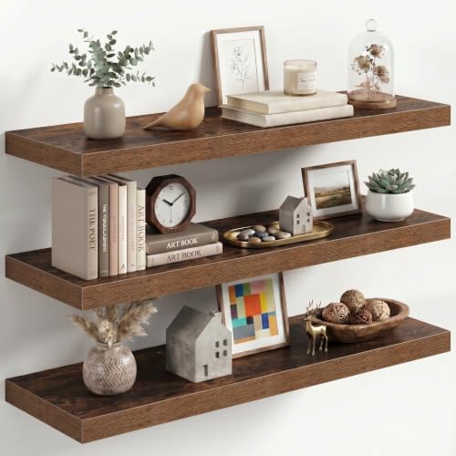 Image of Fun Memories 32 Inch Floating Shelves for Wall, Brown Wood Wall Mounted Shelf with Invisible Bracket, 10 Inch Deep Large Shelves for Living Room Bathroom Bedroom, Set of 3