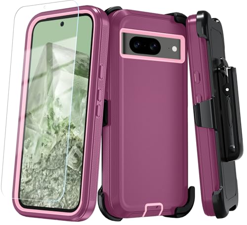 Qinmay Case for Google Pixel 8A with HD Screen Protector, Heavy Duty Shockproof & Dropproof 3-Layer Cover Phone Case for Pixel 8A, Belt Clip - WineRed
