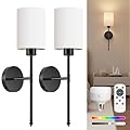NIORSUN Battery Operated Wall Sconce Set of 2, Black Wireless Rechargeable Wall Lights with 5200mAh Dimmable Detachable Bulbs and Remote, 9 Colors Sconces Wall Decor for Bedroom Living Room Hallway