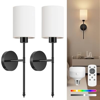 NIORSUN Battery Operated Wall Sconce Set of 2, Black Wireless Rechargeable Wall Lights with 5200mAh Dimmable Detachable Bulbs and Remote, 9 Colors Sconces Wall Decor for Bedroom Living Room Hallway