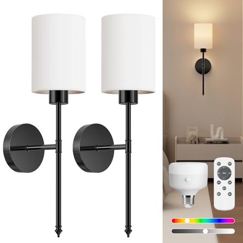 NIORSUN Battery Operated Wall Lights, Black Wireless Rechargeable Wall Lights with 5200mAh Dimmable Detachable Bulbs and Remote, 9 Colours Sconces Wall Decor for Bedroom Living Room Hallway
