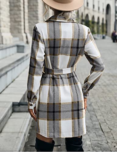 Image of SeekMe Women's Long Plaid Shirt Jacket Shacket Lapel Button Down Woolen Blend Casual Tartan Over Shirt Trench Coat