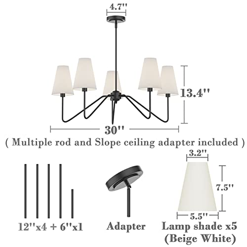 Electro Bp;30" Dia 5-Arm Classic Chandeliers Matt Black With White Linen Shades,200W #TOP5