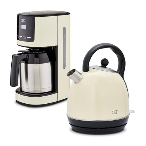 KHG Frühstücksset 2-teilig Kessel-Wasserkocher & Thermo-Kaffeemaschine, Creme Retro American Diner Stil, Kapazität 1,7 Liter & 12 Tassen Kaffee, 360° Sockel, Kalkfilter, LCD-Anzeige, Tropfstopp