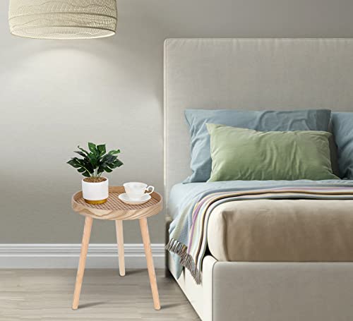 Small Side Table, Rattan Nightstand, Round End Table, Boho Bedside Table, Accent Table, Mid-Century Modern Bed Side Table, End Tables For Living Room Bedroom Office Balcony(Natural Walnut) #TOP3