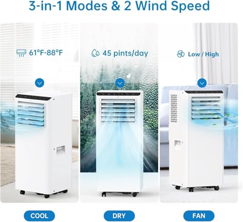 9000 Btu Portable Air Conditioner 4-In-1, Smart Control & Quiet Cooling, Dehumidifier, Fan, Sleep Mode For Rooms Up To 400 Sq. Ft, 24H Timer, For Home Office, Window Venting Kit & Remote - 3