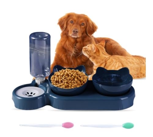 Cuenco para Mascota con Doble tazo y un dispensador de Agua, Antideslizante, reclinable a 15º, para Perros pequeños y Gatos: Comedero y Bebedero para tu Mascota. (Incluye Cepillo Dental)