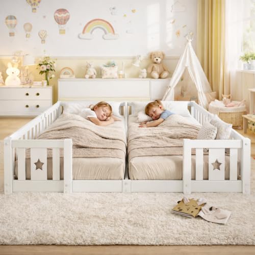 Cama Infantil Con Suelo De 90 X 200 Cm, Con Valla, Cama Montessori Con Protección Anticaídas, Cama De Madera De Pino De 180 X 200 Cm Para 2 Niños, Cama Doble Con Somier Para Jóvenes Y Niñas, Blanco