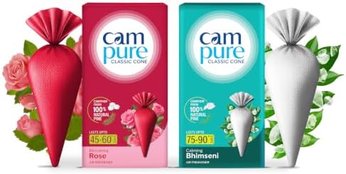 Campure Rose + Bhimseni Camphor Classic Cone Air Freshener for Car, Bathroom, Wardrobe & Rooms | Long-Lasting Freshness up to 75-90 Days | Germ Protection | Camphor from 100% Natural Pine | Pack of 2