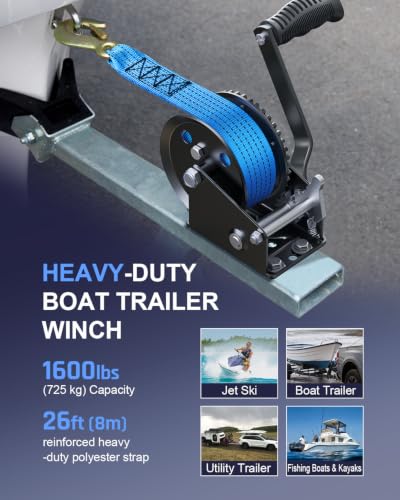 Image of Kolvoii 1600 lbs Boat Trailer Winch with Strap, Portable Hand Winch, 2-Way Ratchet 4.1:1 Gear Ratio for Boat, Trailer, Marine and Jet Ski, 26FT Strap, Blue